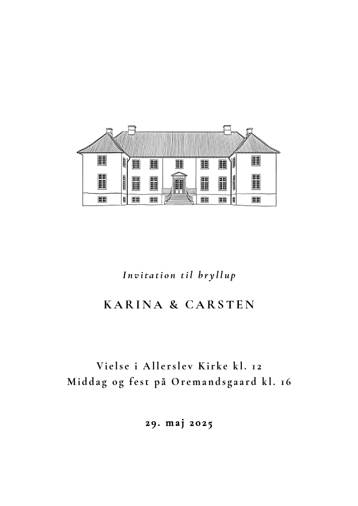 
                Denne enkle invitation er til parret, som skal fejre deres bryllup på Oremandsgaard. Illustrationen er håndtegnet med en sort streg, og giver invitationen elegance. Ønsker I en visuel rød tråd til jeres bryllup, har vi matchende bordkort, menukort, velkomstskilte, gæstebøger og meget mere, så jeres dag kan blive helt speciel.                